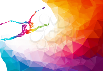 Creative silhouette of gymnastic girl. Art gymnastics with clubs, colorful vector illustration with background or banner template in trendy abstract colorful polygon style and rainbow back