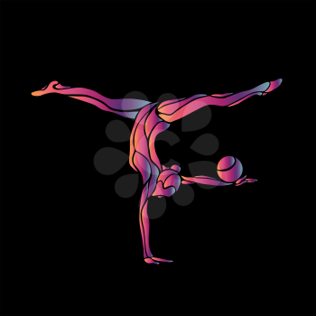 Creative silhouette of gymnastic girl with ball. Art gymnastics woman, illustration or banner template in trendy abstract colorful neon fluid waves style on black background