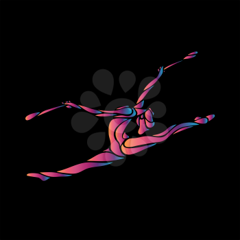 Creative silhouette of gymnastic girl with clubs. Art gymnastics yoga girl, vector illustration or banner template in trendy abstract colorful neon waves style on black background