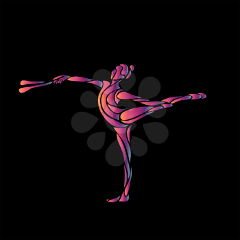 Creative silhouette of gymnastic girl with clubs. Art gymnastics yoga girl, vector illustration or banner template in trendy abstract colorful neon waves style on black background, eps8