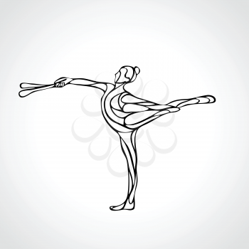 Creative outline silhouette of gymnastic girl. Art gymnastics with clubs, black and white vector illustration