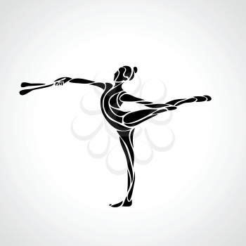 Creative silhouette of gymnastic girl. Art gymnastics with clubs, black and white vector illustration