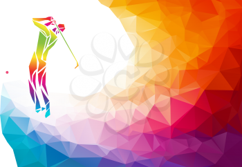 Golf Sport Silhouette of Golfer finished hitting Tee-shot on rainbow polygonal background