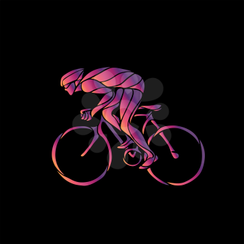 Professional cyclist in a bike race. Color silhouette on black background. Vector illustration