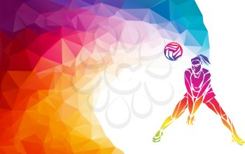 Creative silhouette of volleyball player receiving a ball. Beach sport, colorful vector illustration with background or banner template in trendy abstract colorful polygon geometric style and rainbow 