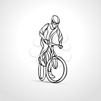 Abstract creative lineart silhouette of bicyclist. Outline cyclist wave style logo. Front view. Vector illustration of bike