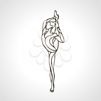 Creative silhouette of gymnastic or ballet girl. Art rhythmic gymnastics, black and white vector illustration