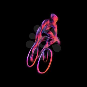 Professional cyclist in a bike race. Artwork in the style of paint strokes on black background. Neon illustration