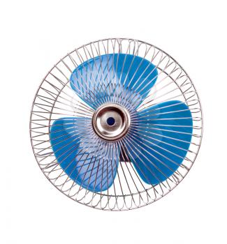 Fan with blue propeller isolated on white background