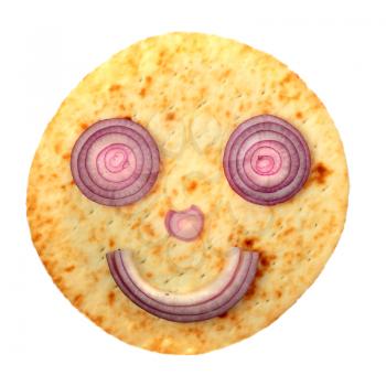 Smile cake face with red onion isolated on white background