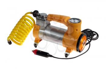 Car air compressor with yellow twisted hose  isolated on a white background