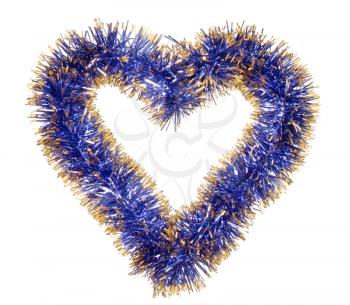 Blue gold tinsel forming heart isolated on white background