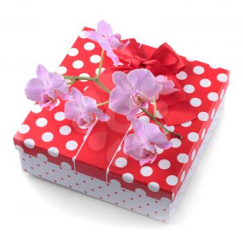 Gift with pink orchid isolated on white background