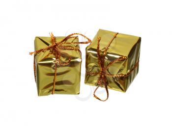 Two golden gift boxes isolated on white background