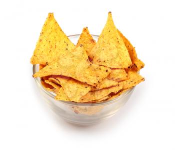 Tortilla chips in glass plate isolated on white background