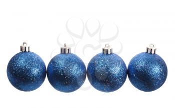 Four blue spangled christmas balls isolated on white background