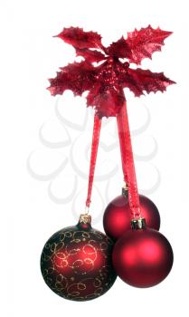 Christmas decoration with three red balls isolated on white background