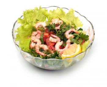 Salad with shrimps isolated on white background