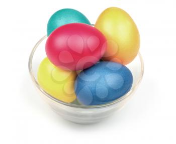 Glass cap with colorful easter eggs isolated on a white background