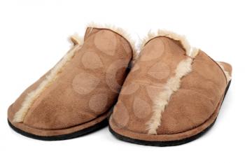 Pair of male house slippers made of  sheepskin isolated on white background