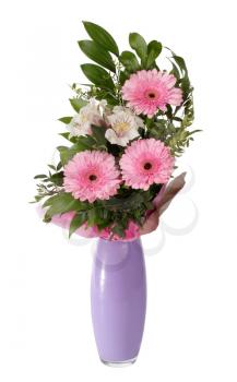 Bouquet of gerberas and alstroemeria in lilac vase isolated on white background