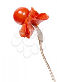 Sausage and cherry tomato on the fork isolated on the white background
