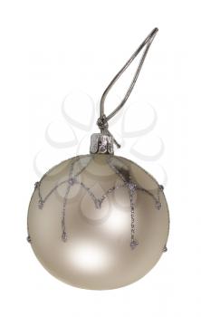 Happy New Year and Merry Christmas. Silver shiny Christmass ball isolated on white background