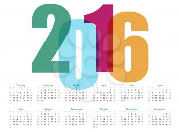 2016 Year Calendar.  Vector illustration.  EPS 10