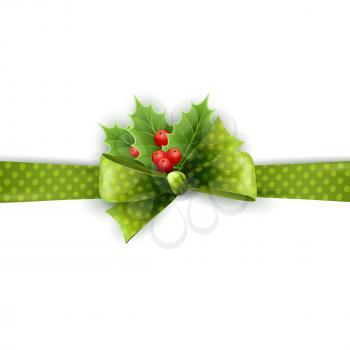 Christmas ribbon decoration with holly and polka dots green bow in white background