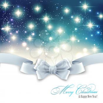 Vector Holiday light Christmas background with white silk bow