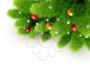 Winter background with isolated pine branch and baubles. Christmas  tree decoration. Vector illustration.