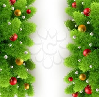 Winter background with isolated pine branch and baubles. Christmas  tree decoration. Vector illustration.