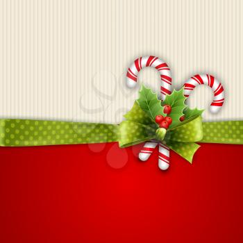 Holiday background with green polka dots ribbon and bow