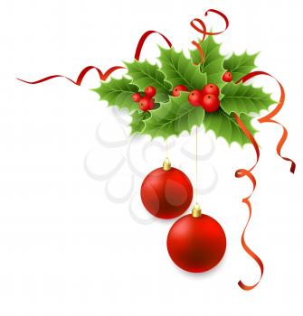 Vector Christmas holly with berries and red ball.