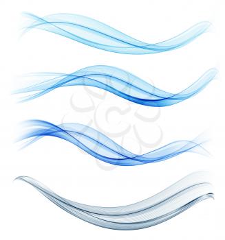 Vector Set of blue abstract wave design element. Transparent smoke wave