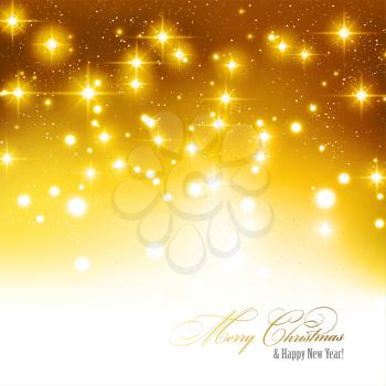 Festive gold background with gold light dots, stars, and copy space. Golden blurred Merry Christmas background