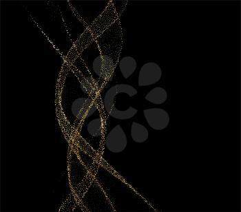 Abstract shiny golden wavy design element with glitter effect. Flow gold wave on dark background. Fashion motion design for website and advertising banner, gift voucher