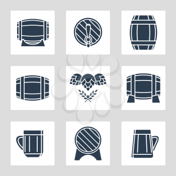 Beer icons set with barrels glasses hop and wheat. Vector illustration