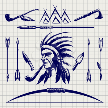 Sketch of native american indian arrows bow and pike on the notebook page. Vector illustration
