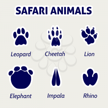 Safari animals footprint blue coclor stickers. Vector illustration