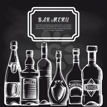 Bar menu background with hand drawn bottles on chalkboard. Vector illustration