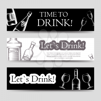 Drink party horizontal banners set vector with hand drawn bottles