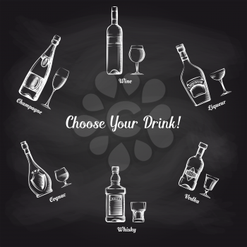 Sketch popular drinks on blackboard and text choose your drink. Vector illustration