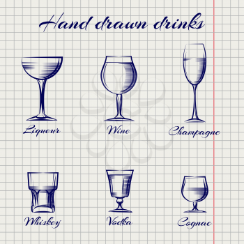 Hand drawn classic alcoholic drinks on notebook page. Vector illustration