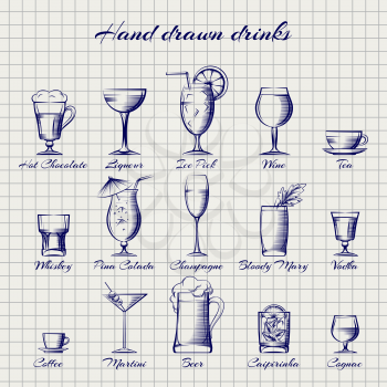 Set of popular drinks vector. Hand drawn alcoholic and non-alcoholic drinks on notebook page