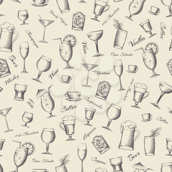 Vintage seamless pattern with hand drawn cocktails and drinks. Vector illustration