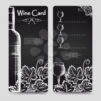 Wine card menu flyers template with hand drawn grapes bottles and glasses eurosize. Vector illustration