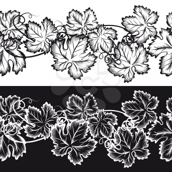 Ornamental seamless borders with grape leaves. Natural ornament set vector