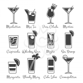 Monochromic drinks icons set vector. Alcoholic cocktails icons set