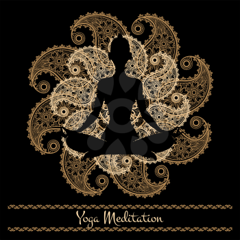 Yoga background with ornamental mandala and meditation person silhouette. Vector illustration